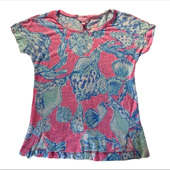 Lilly Pulitzer Mikela Pink Pout Barefoot Princess Blue Shells 100%Linen Shirt XS - Picture 6 of 15
